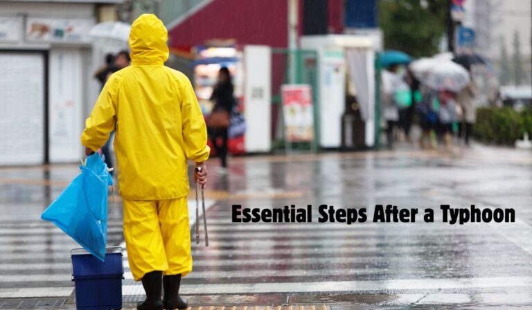“Person wearing a yellow raincoat walking on a wet city street after a typhoon, holding cleaning tools and a blue bag, with the text ‘Essential Steps After a Typhoon’ displayed.”Rising from the Storm