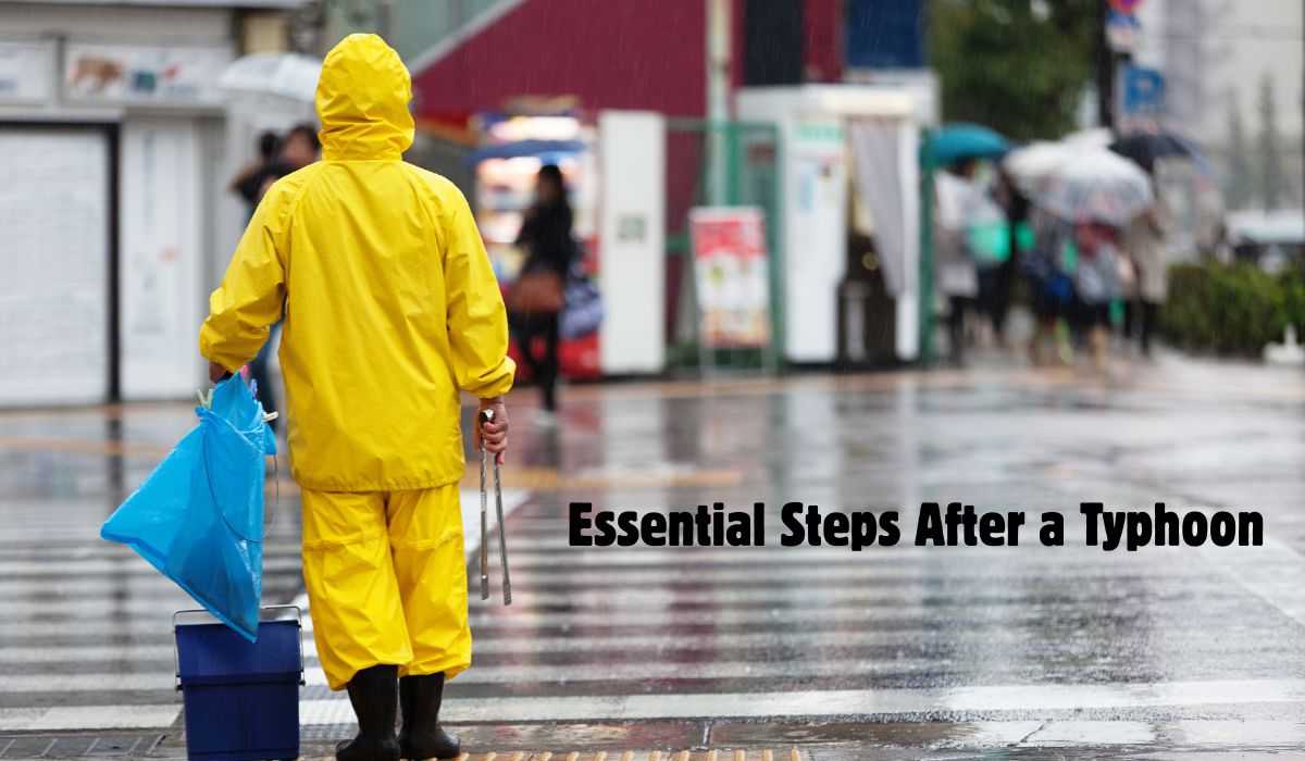 “Person wearing a yellow raincoat walking on a wet city street after a typhoon, holding cleaning tools and a blue bag, with the text ‘Essential Steps After a Typhoon’ displayed.”Rising from the Storm