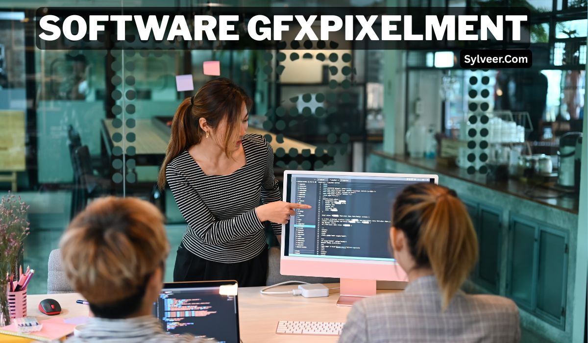 “A woman pointing at a computer screen displaying code while discussing software development with her team in a modern office, representing programming and collaboration. Text on the image reads ‘Software GFXPixelment’ and ‘Sylveer.com.’”