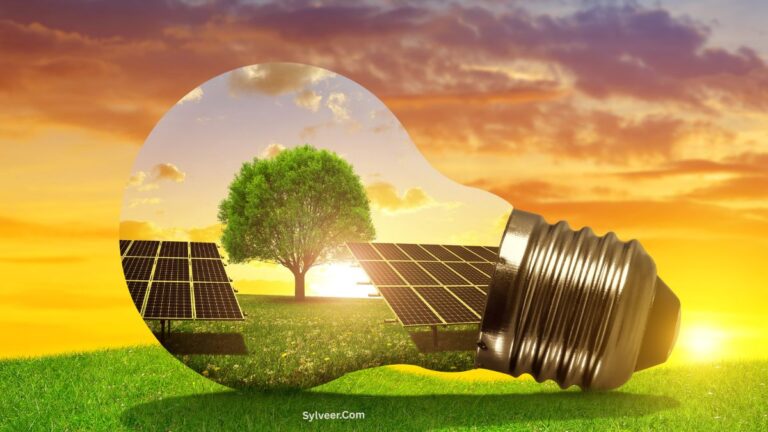 A creative concept image of solar panels and a green tree inside the silhouette of a light bulb, set on a grassy field at sunset, symbolizing renewable energy and sustainability. The word “Sylveer.com” appears at the bottom. Solar Energy