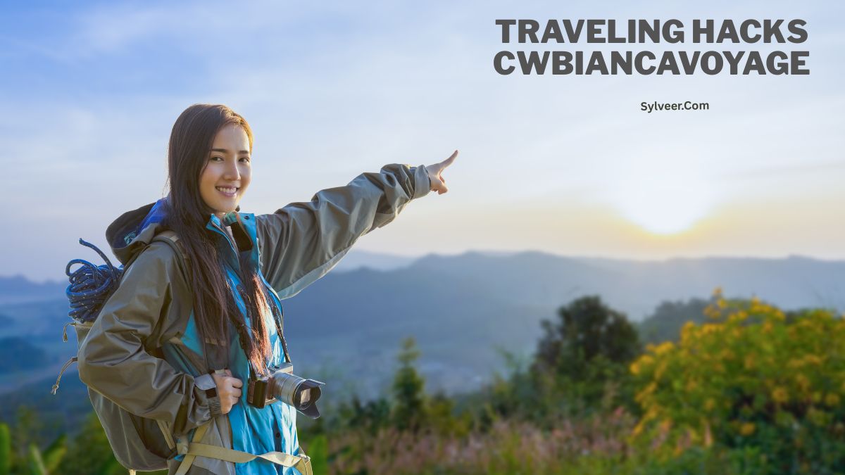 Smiling female traveler in outdoor hiking gear pointing toward a sunrise over a mountain landscape, with the text “Traveling Hacks CWBiancaVoyage” in the background.