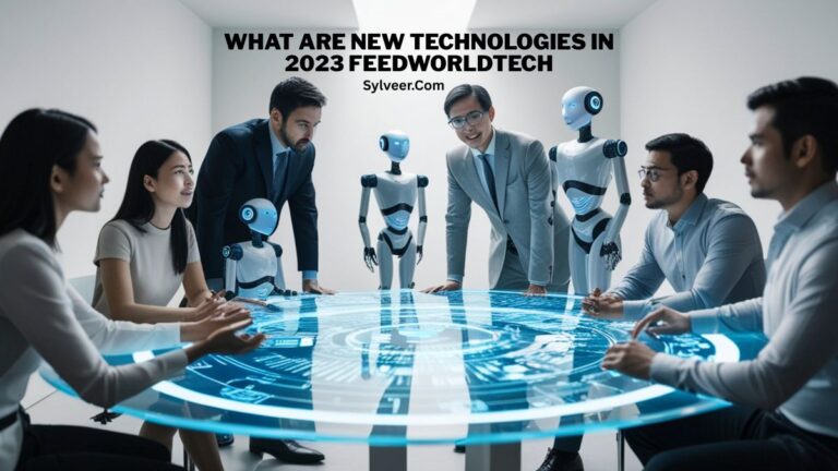 A group of business professionals sit around a futuristic holographic table displaying digital data, while several humanoid robots stand beside them. The text at the top reads “WHAT ARE NEW TECHNOLOGIES IN 2023 FEEDWORLDTECH” with “Sylveer.com” underneath.