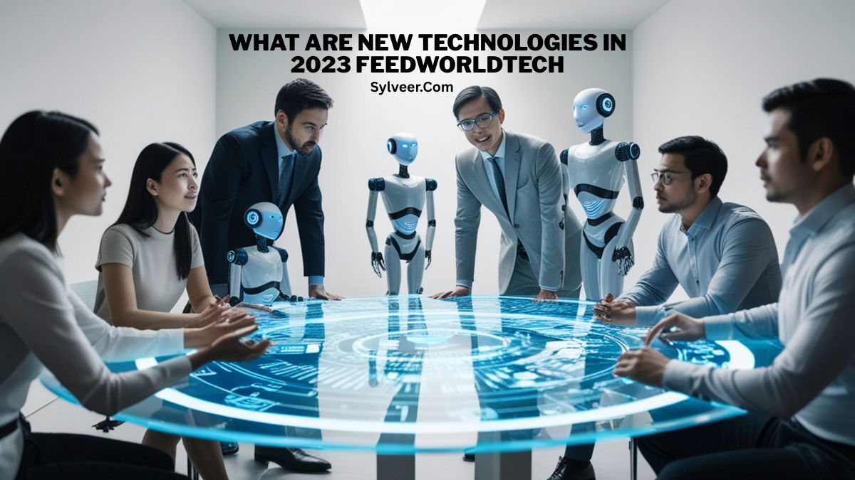 A group of business professionals sit around a futuristic holographic table displaying digital data, while several humanoid robots stand beside them. The text at the top reads “WHAT ARE NEW TECHNOLOGIES IN 2023 FEEDWORLDTECH” with “Sylveer.com” underneath.