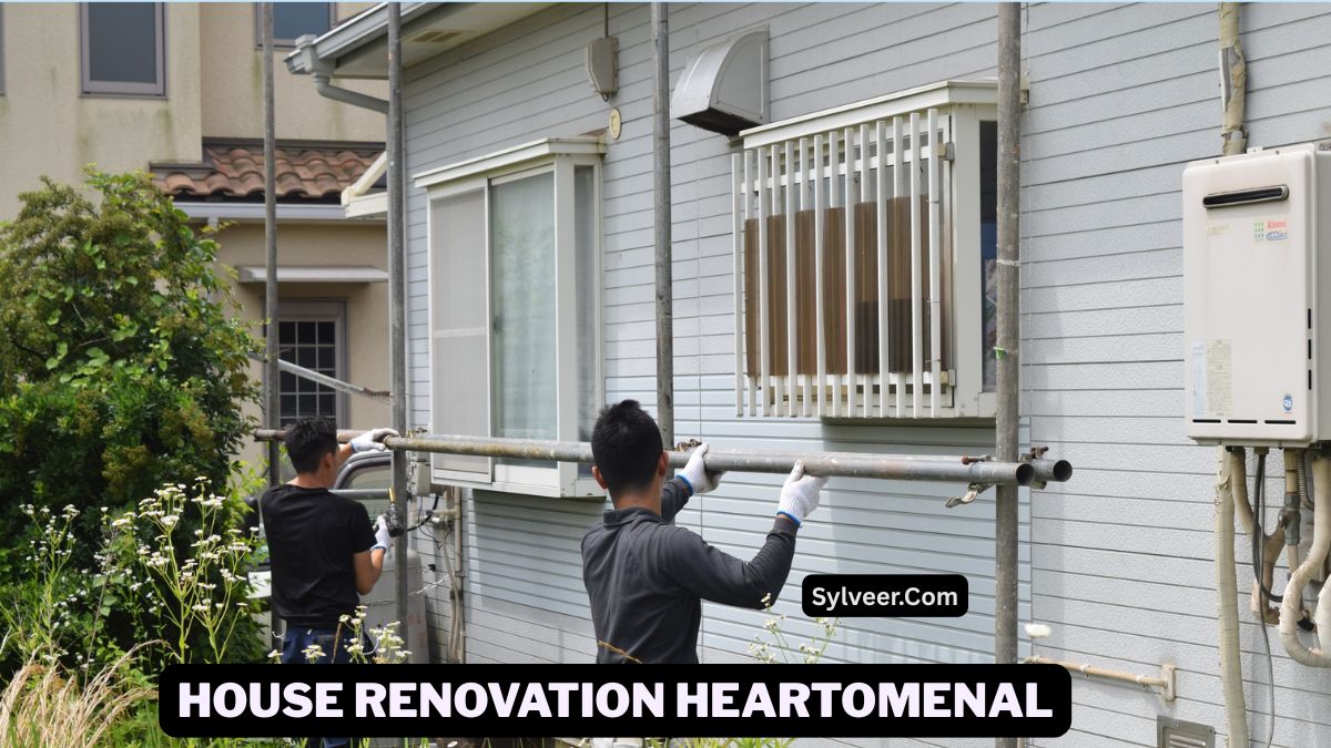 “Two workers are assembling metal scaffolding along the exterior wall of a light gray house. The scene includes windows, plants, and renovation equipment. A black label reading ‘Sylveer.com’ appears on the image, and the bold text at the bottom says ‘HOUSE RENOVATION HEARTOMENAL.’”