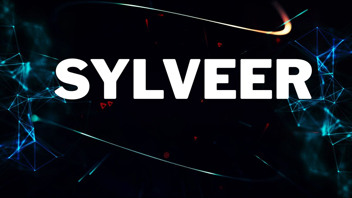 Sylveer brand logo in bold white text on a dark futuristic background with digital network lines and abstract tech elements